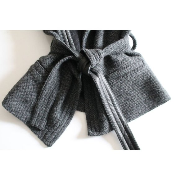 IRO Cooley Tweed Belted Jacket Grey Size 38 Medium Wool Lamb Leather Trim - Picture 6 of 8